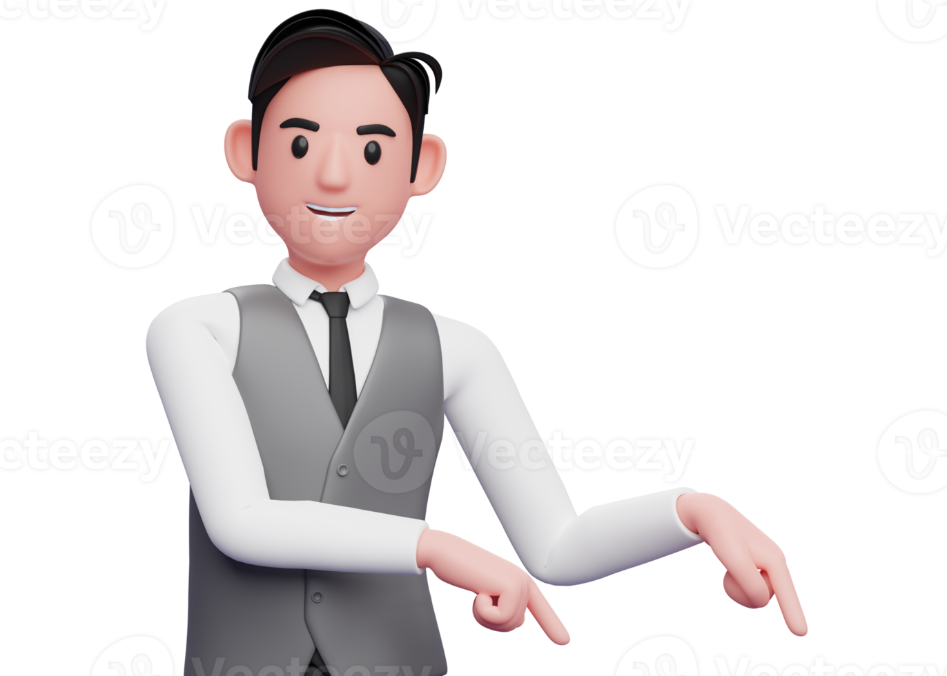 businessman in gray vest suit pointing to the lower right corner, 3d illustration of businessman in gray vest suit pointing to the lower right corner inviting to subscribe png