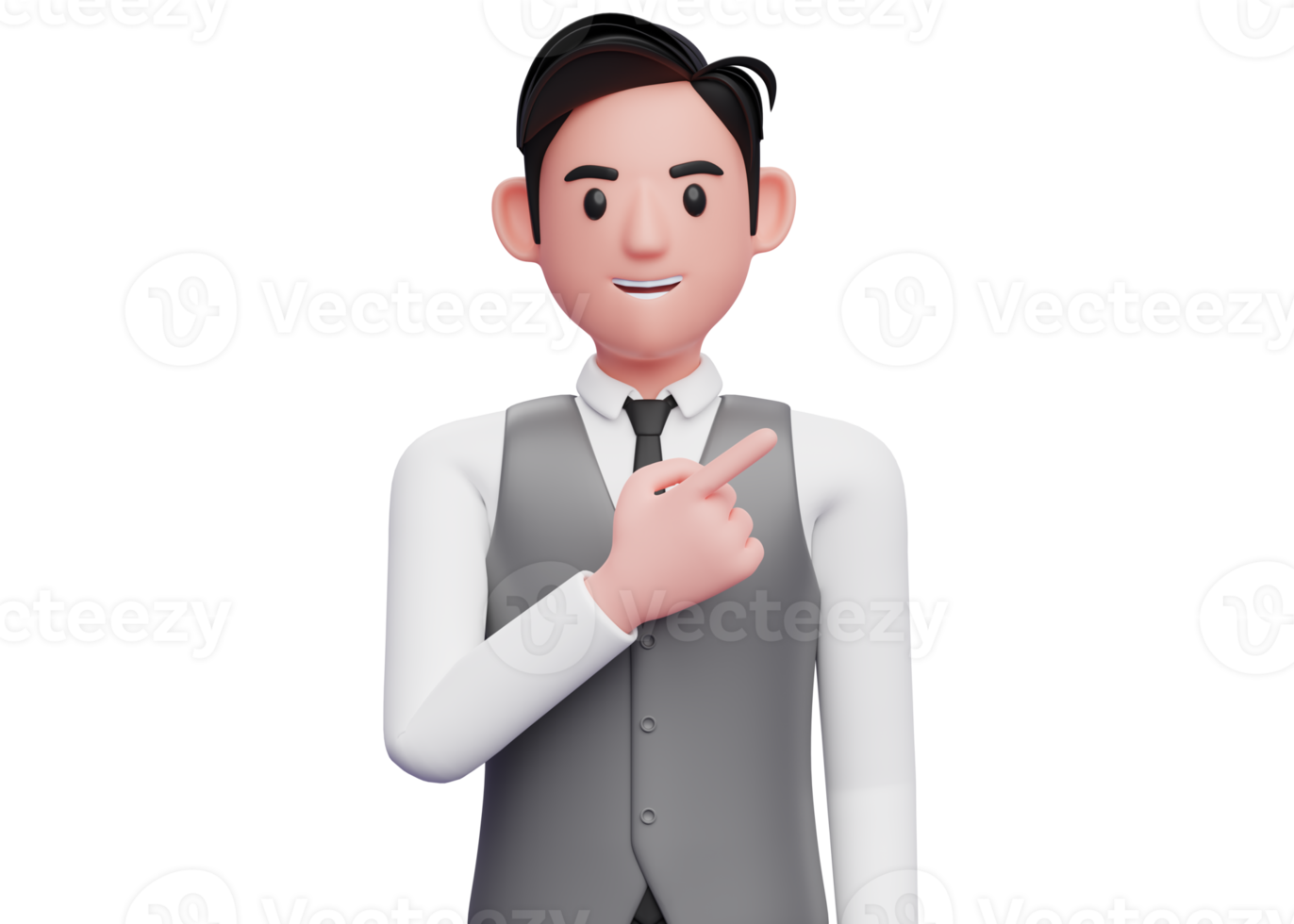 Close up of smart businessman in gray vest suit pointing to the top right, 3d illustration of businessman in gray vest suit pointing png