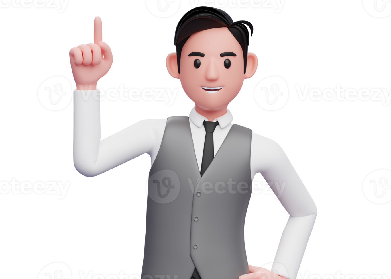 portrait of a businessman in gray vest suit pointing up with index finger, 3d illustration of a businessman raising finger png