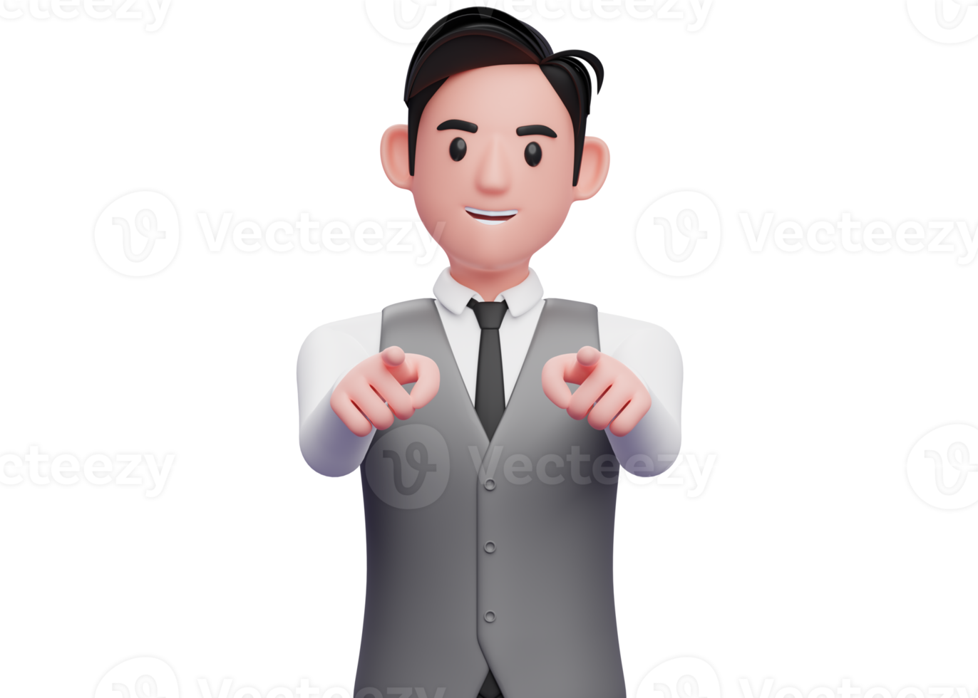 portrait of a businessman in gray vest suit pointing to the camera with both hand, 3d illustration of a businessman pointing camera with both index finger png
