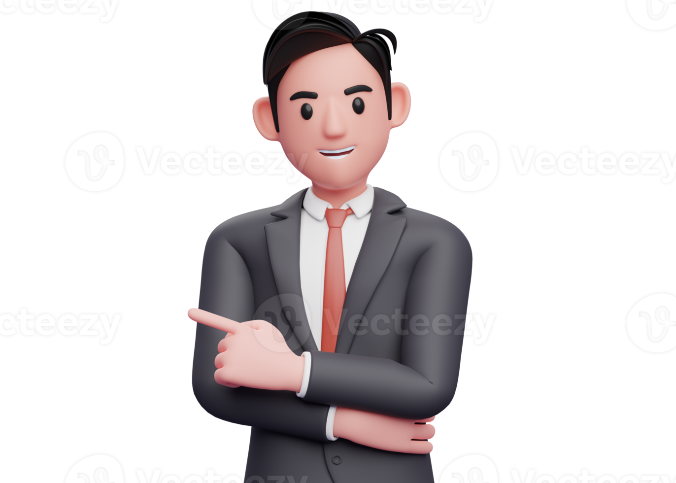 businessman in black suit pointing to the left and hand crossed on waist, 3D illustration of businessman pointing png