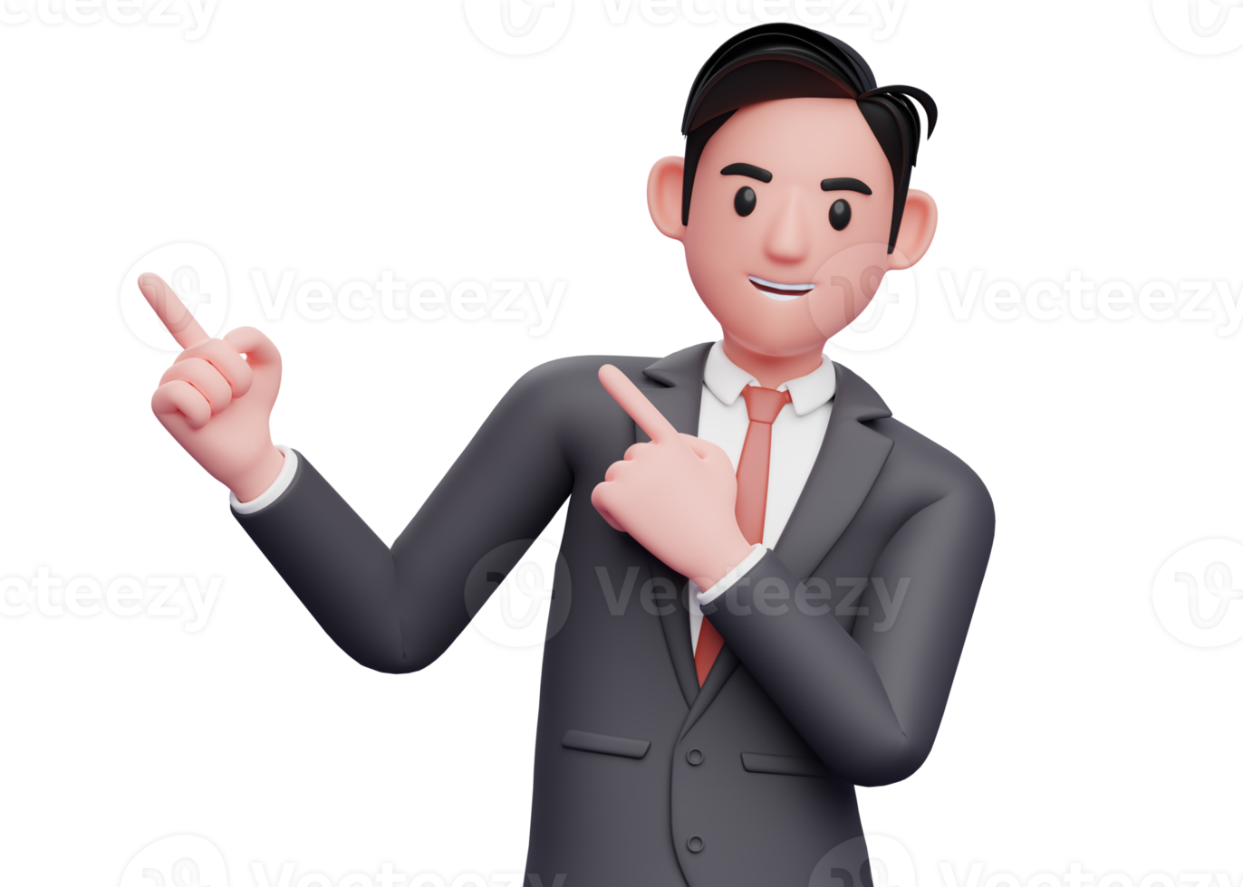 Businessman in black suit Pointing to the top side with both hands, 3D illustration of businessman Pointing to the top side with both hands png