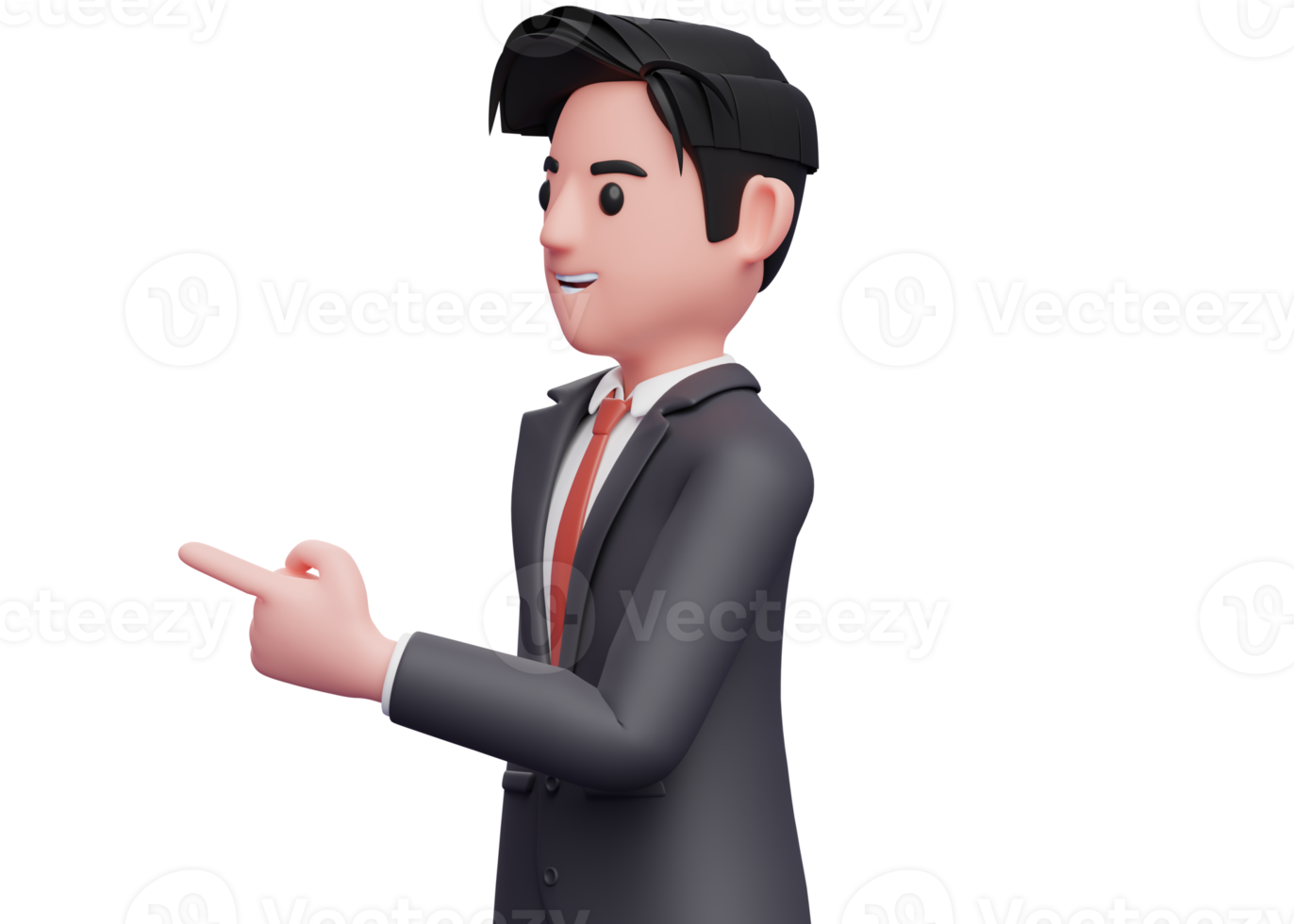 3d illustration of a businessman in black suit facing side and pointing, businessman in black suit pointing illustration png