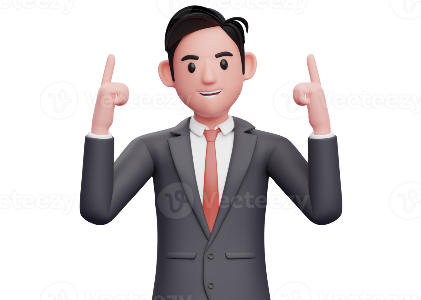 homme d'affaires en costume noir et cravate rouge pointant deux doigts vers le haut, illustration 3d d'un homme d'affaires pointant deux doigts vers le haut png