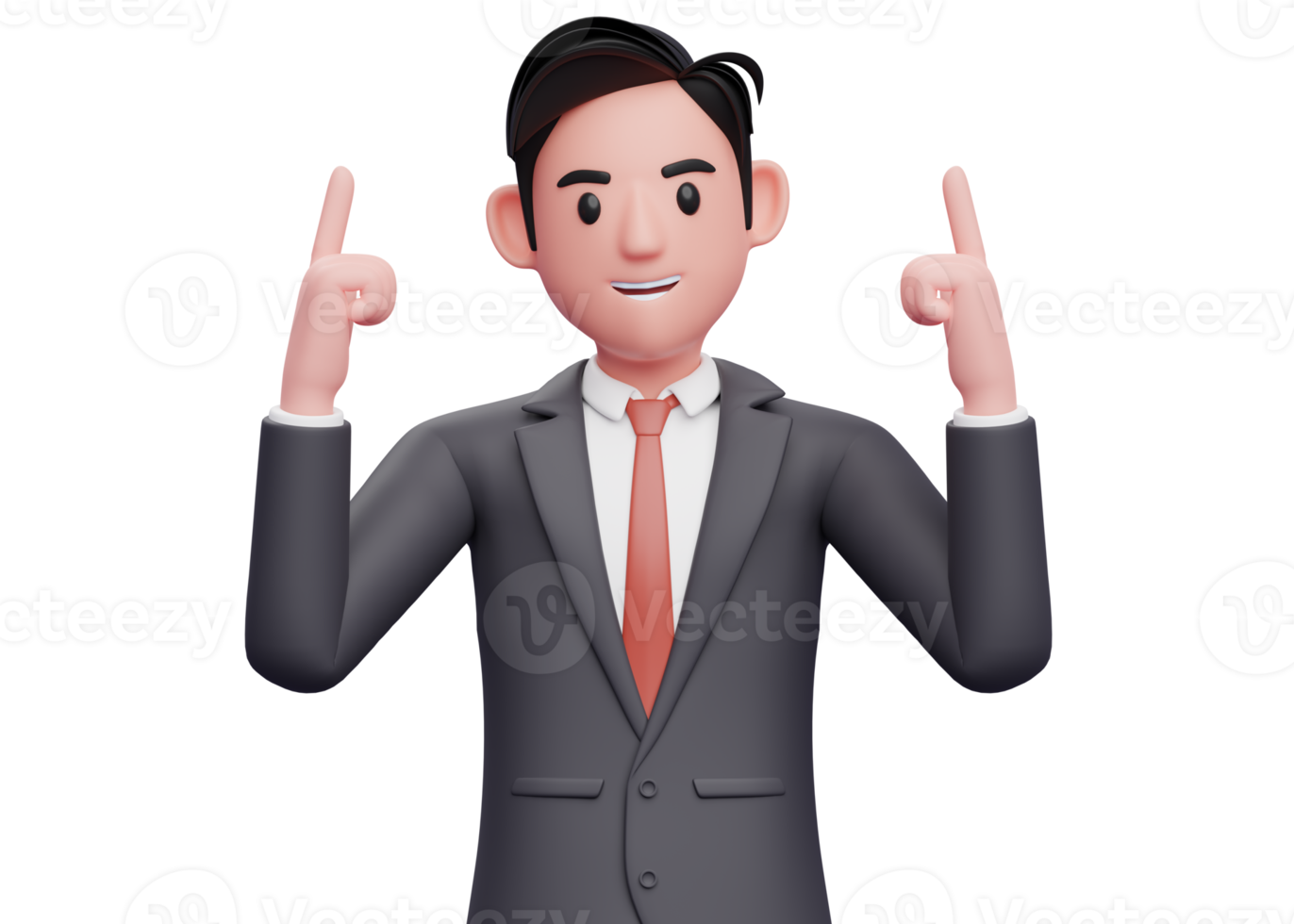 businessman in black suit and red tie pointing two fingers up, 3d illustration of a businessman pointing two fingers up png