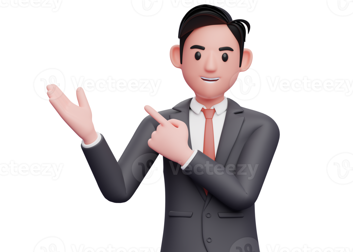 businessman in formal suit and red tie Pointing and recommending pose, 3d illustration of businessman in blcak suit pointing side up png