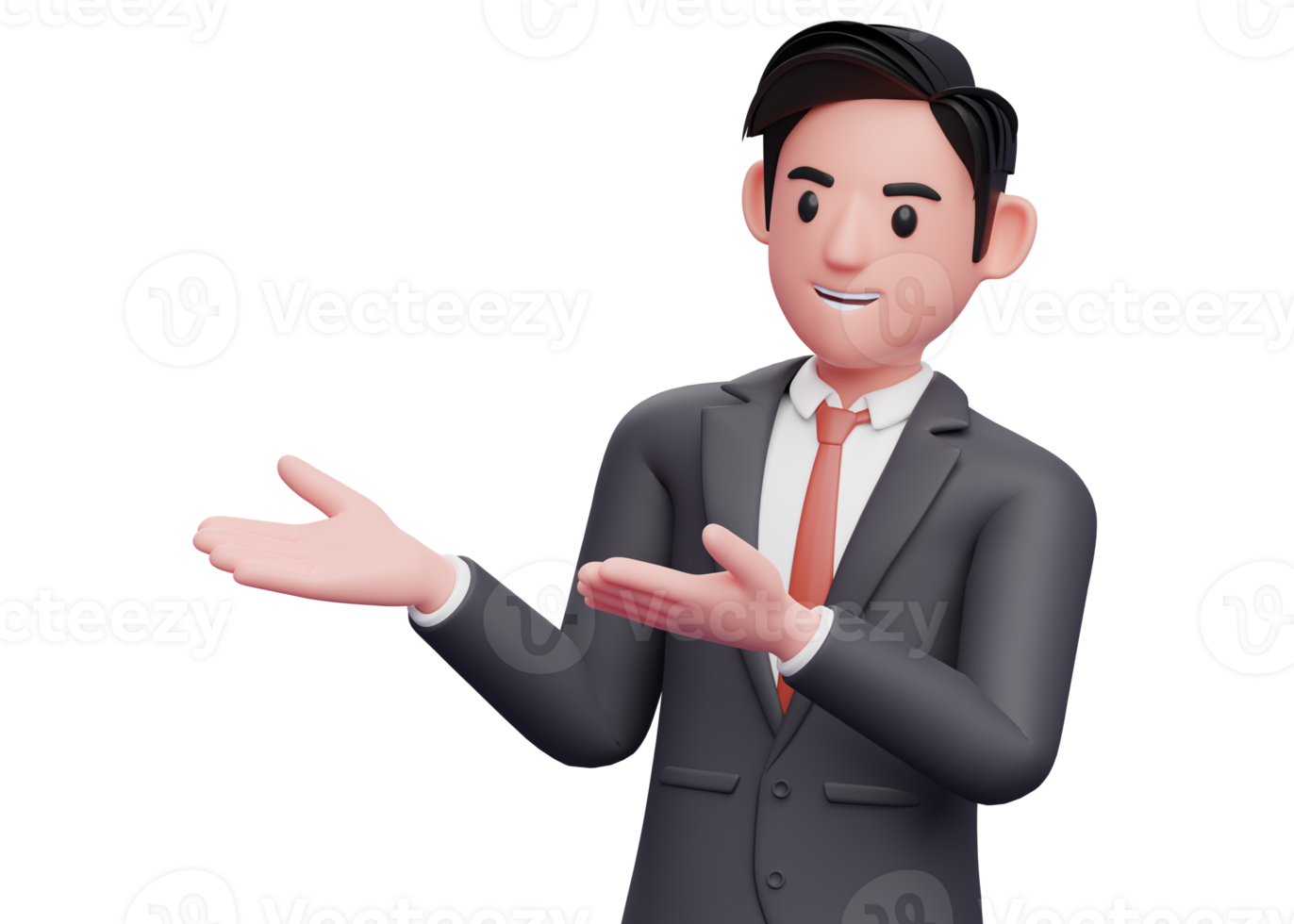 businessman in black suit open both hands pose, 3d illustration of a businessman presenting side with open both hands png