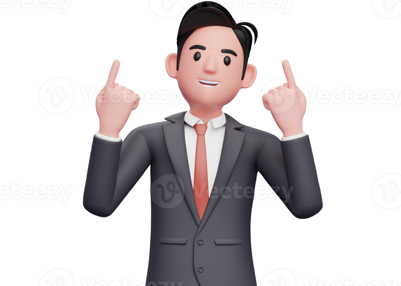businessman in black suit raises both index fingers and looks up, 3d illustration of a businessman pointing up being grateful png