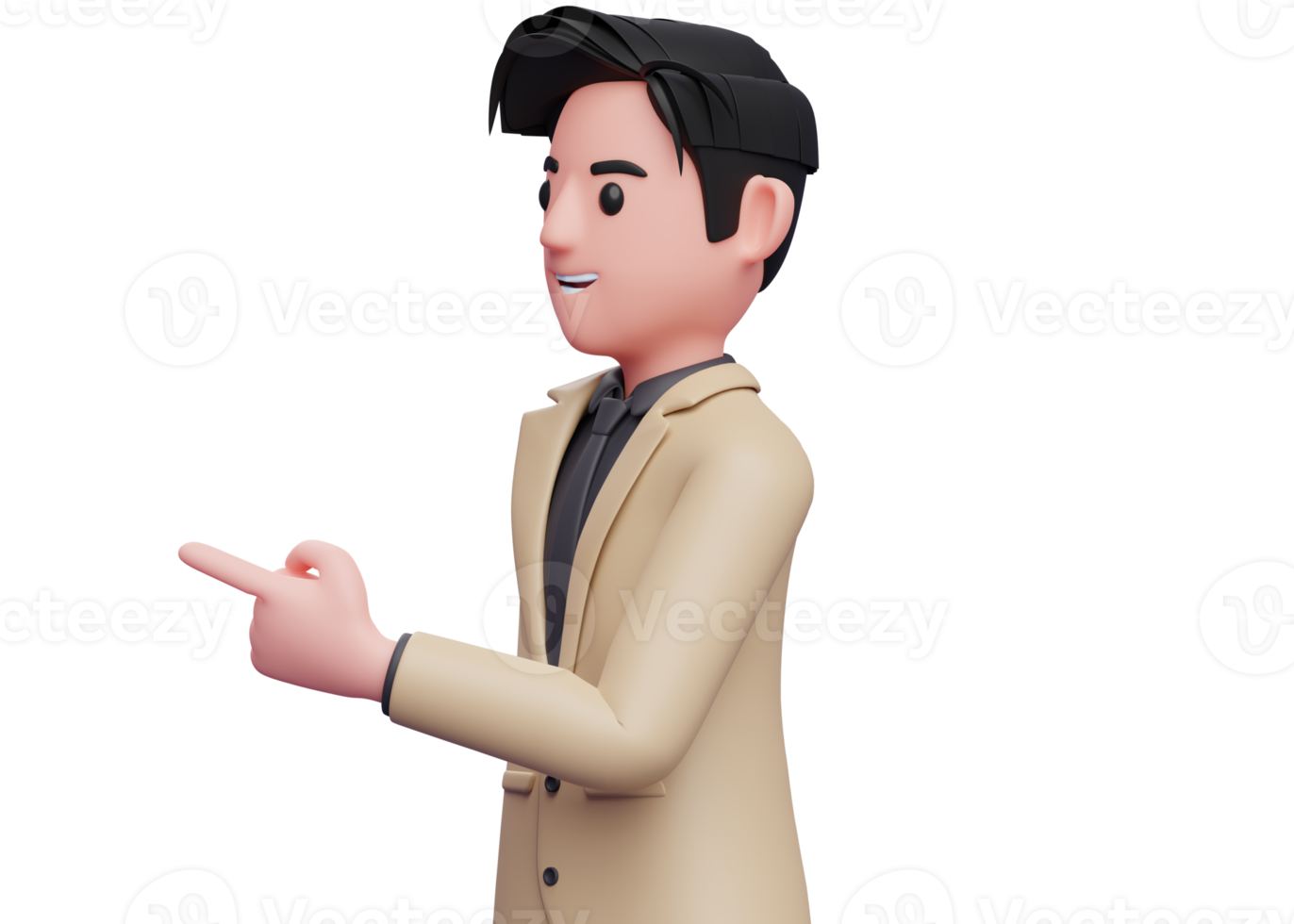 3d illustration of a businessman in brown suit facing side and pointing, businessman in brown suit pointing illustration png