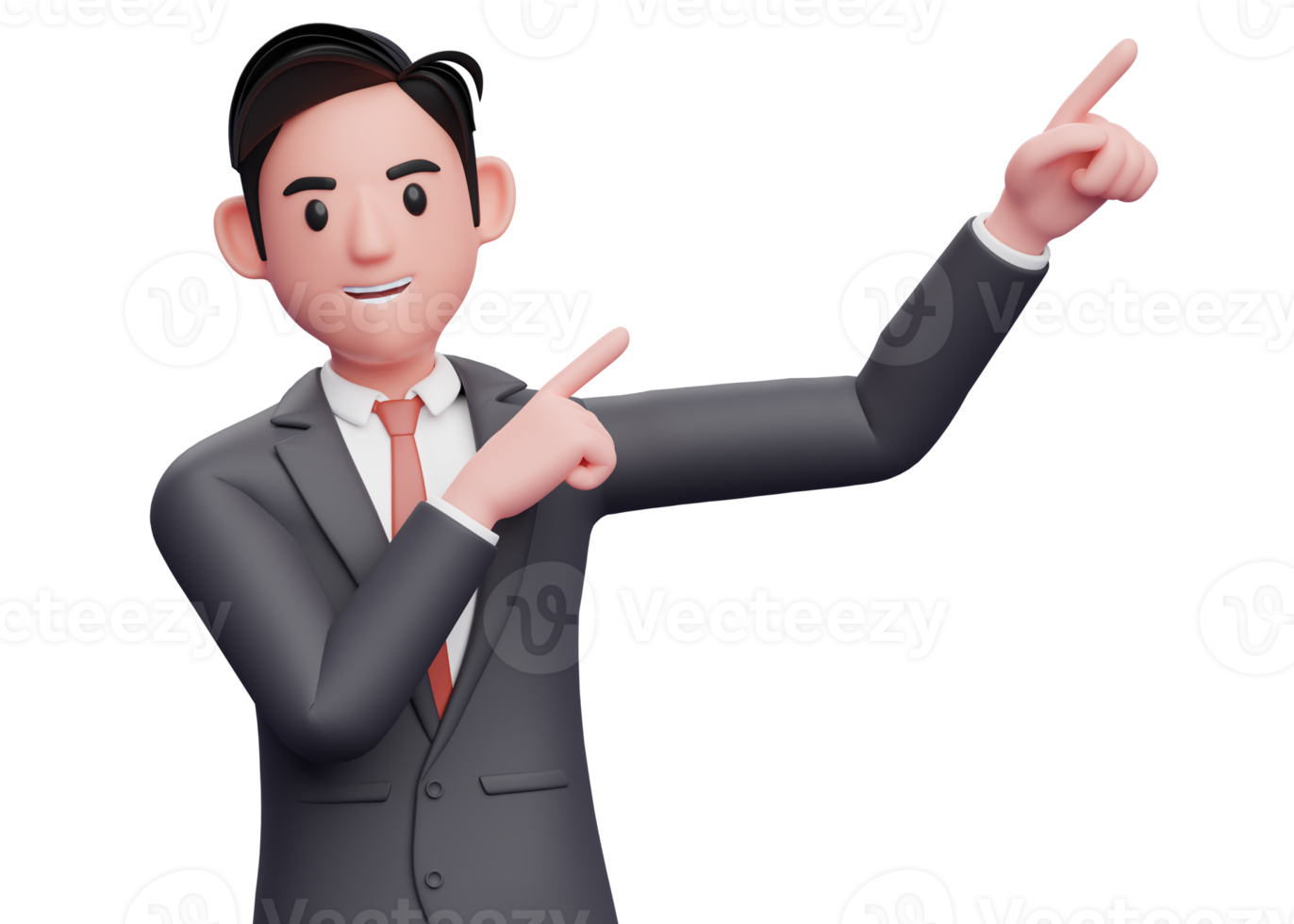 businessman in black suit raising both hands pointing to the top right corner, 3d illustration of a businessman pointing to the top right corner with both finger png