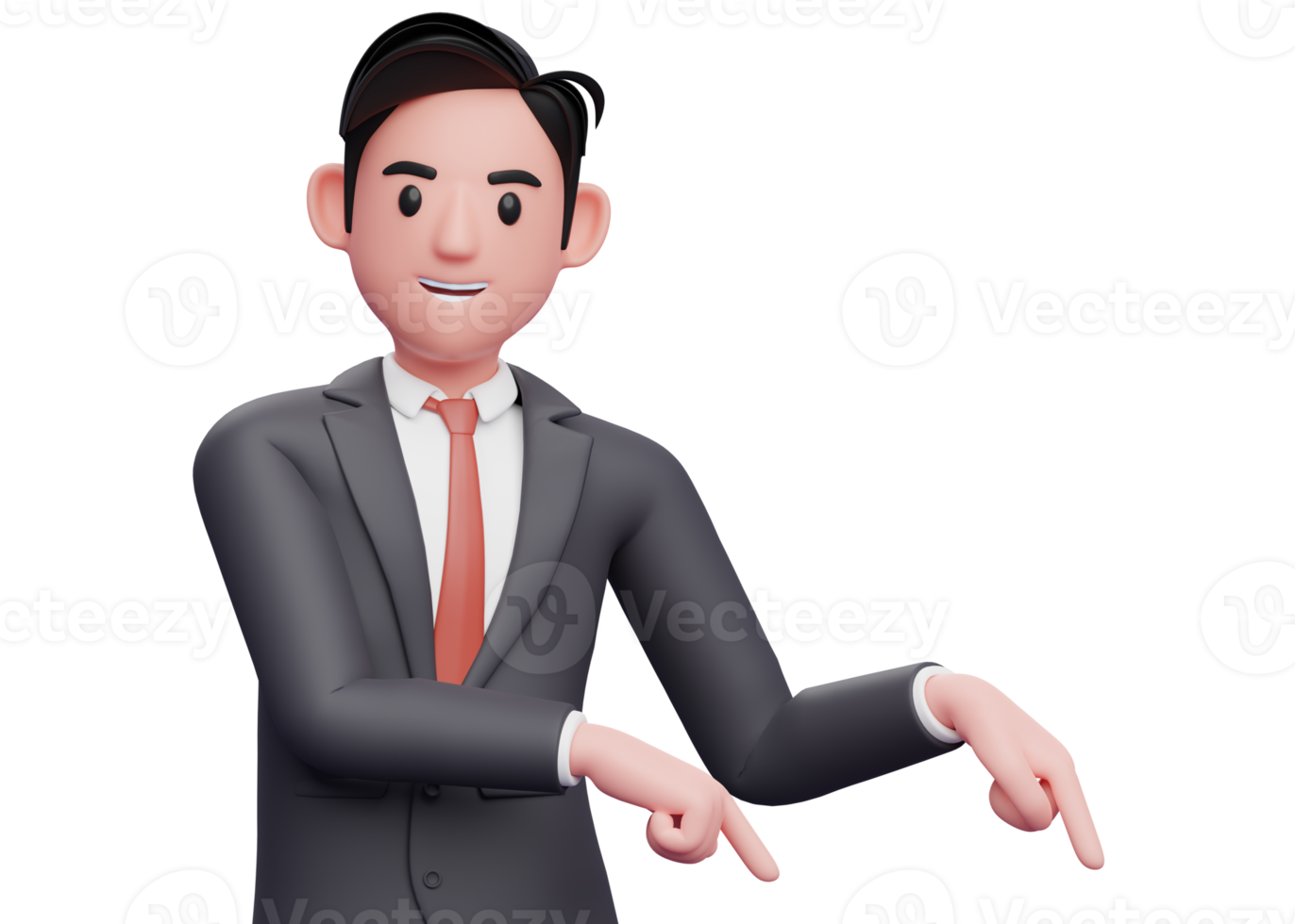 businessman in black suit pointing to the lower right corner, 3d illustration of businessman in brown suit pointing to the lower right corner inviting to subscribe png
