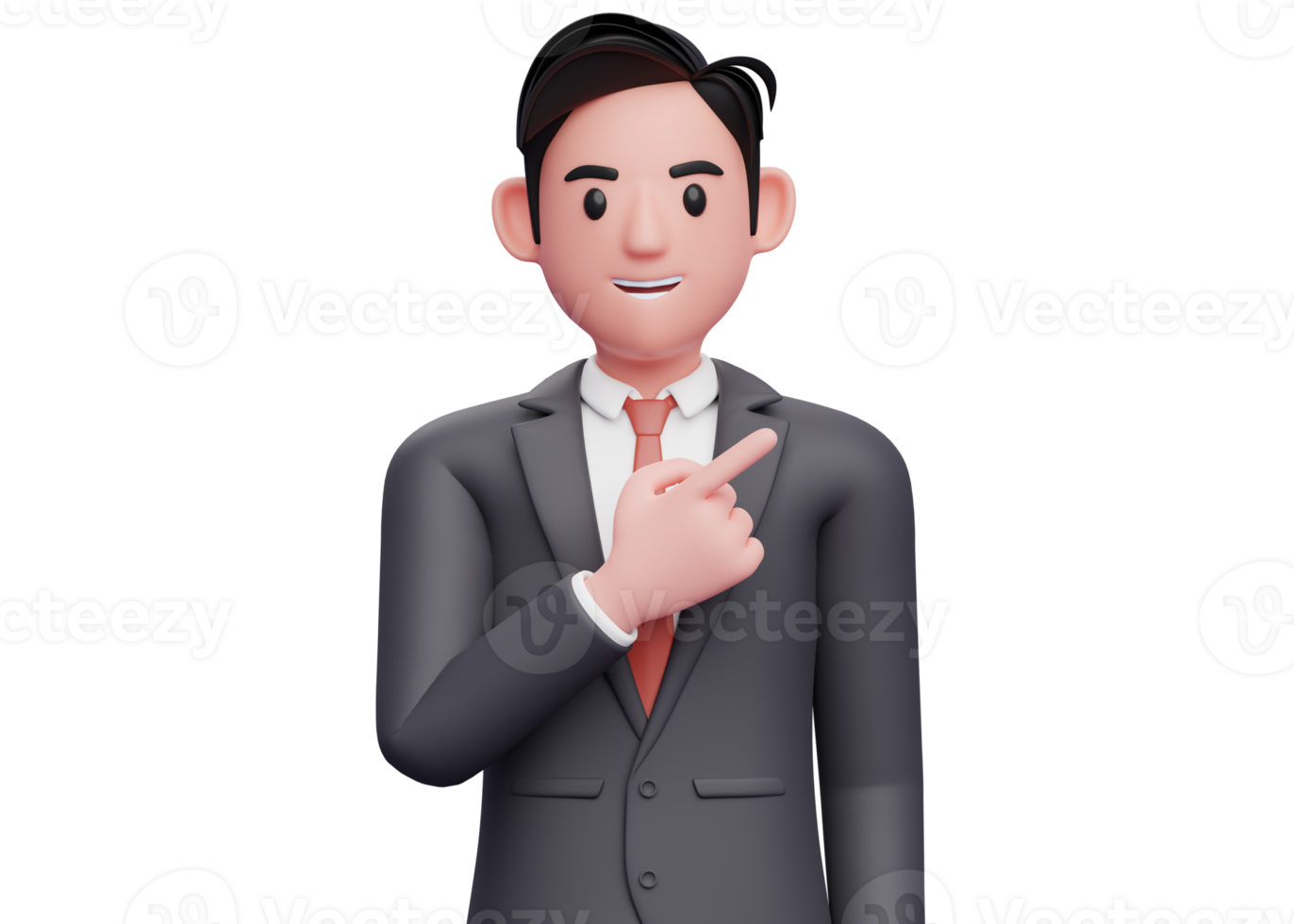 Close up of smart businessman in black suit pointing to the top right, 3d illustration of businessman in black suit pointing png