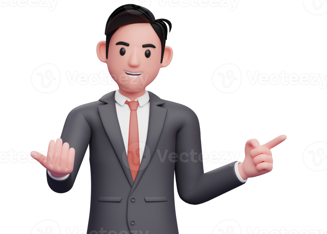 businessman in formal black suit doing come here gesture and pointing to the side, 3d illustration of a businessman pointing and inviting to join png