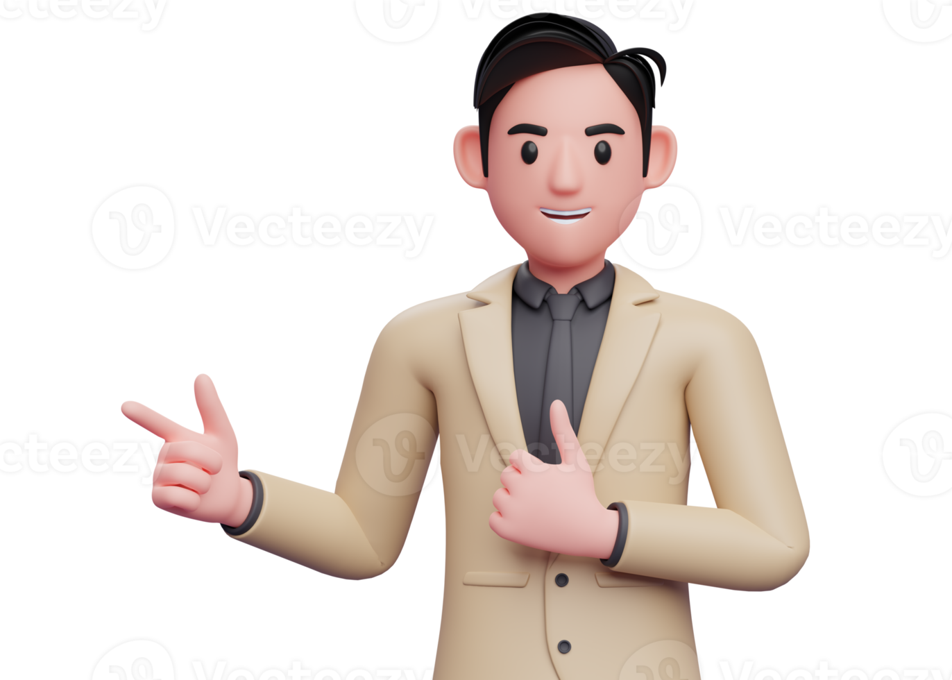 Businessman in brown suit pointing and thumbs up, close up 3D illustration of businessman in brown suit pointing and thumbs up png