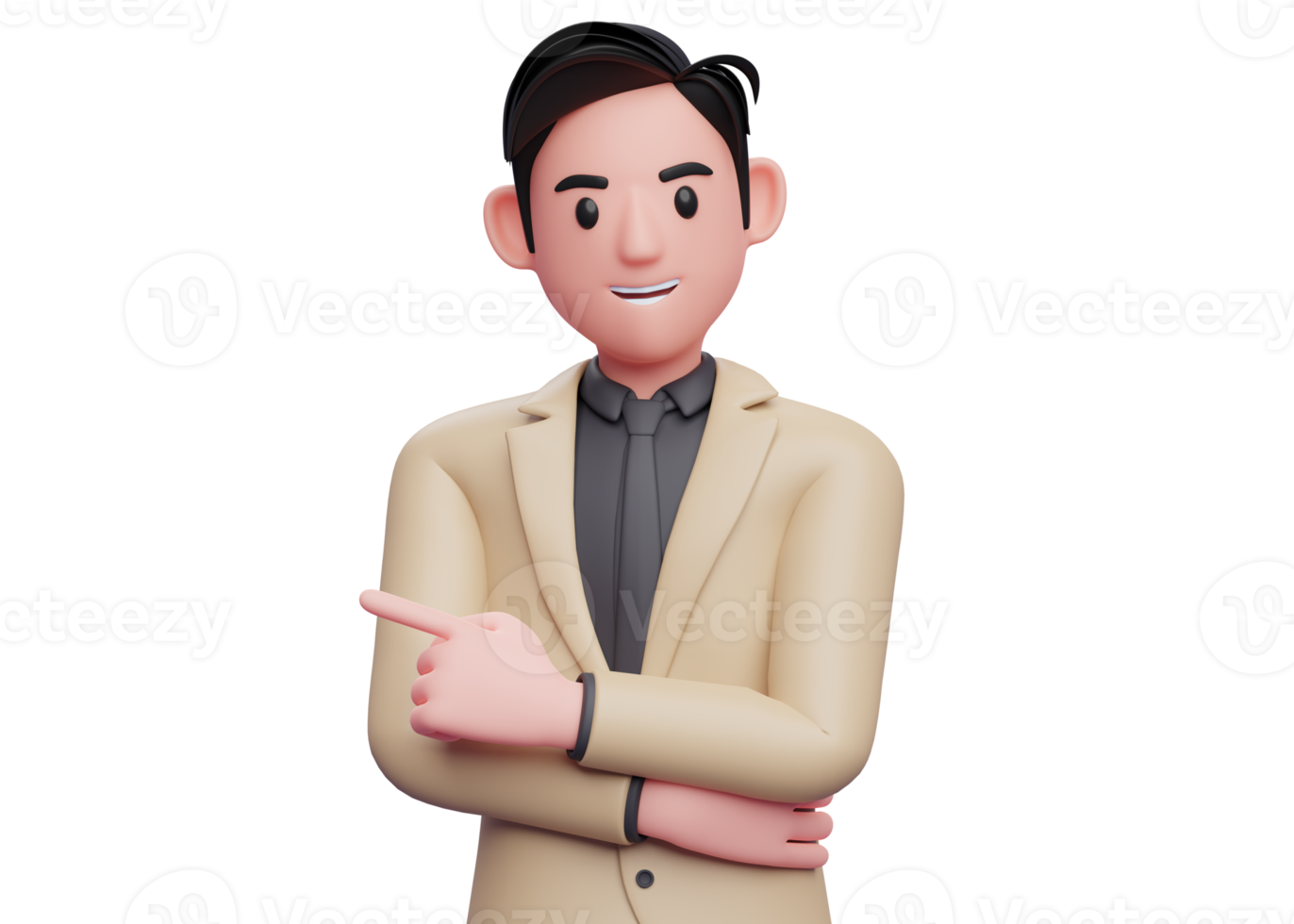 businessman in brown suit pointing to the left and hand crossed on waist, 3D illustration of businessman pointing png