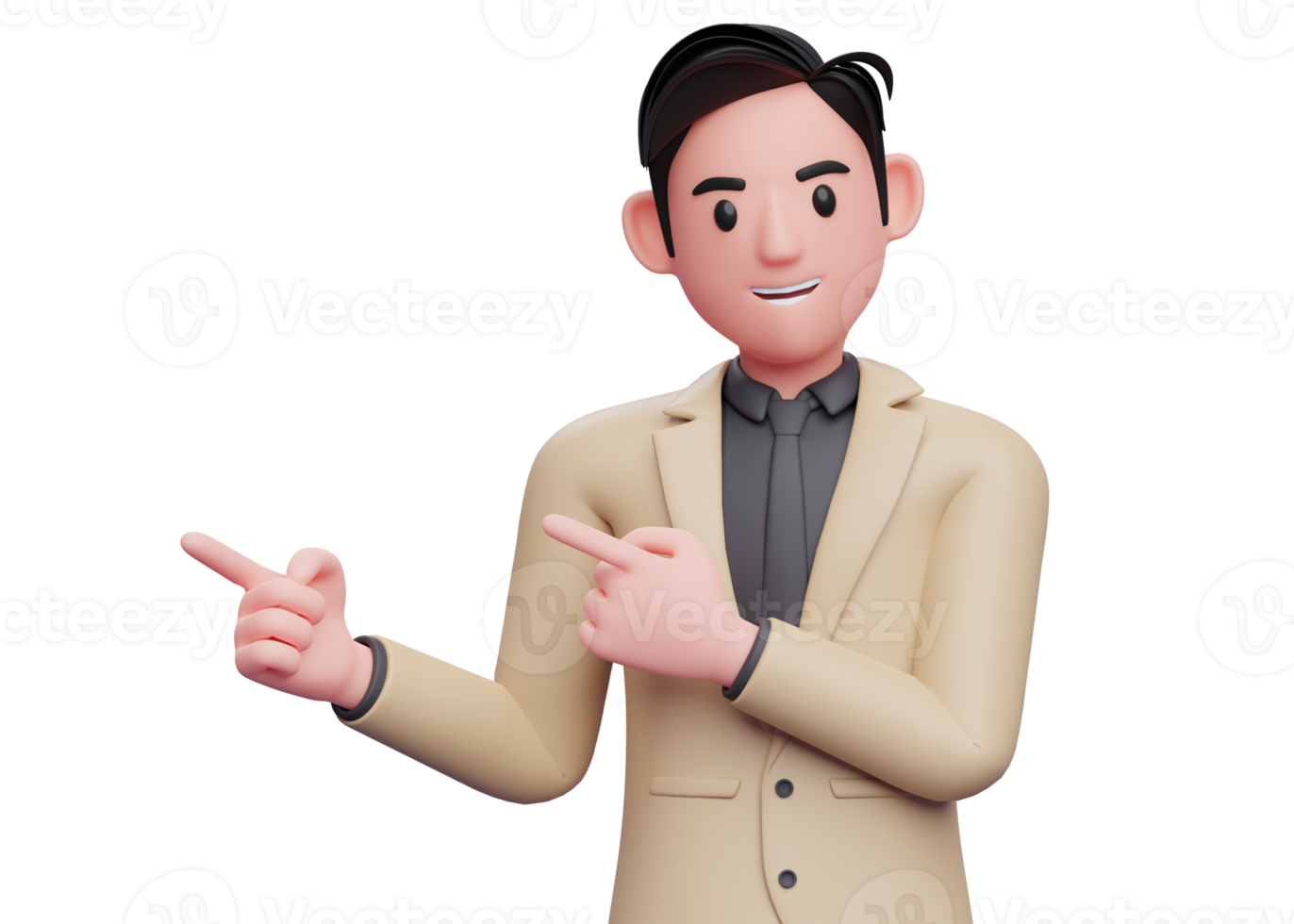 man in brown suit pointing side with both index fingers, 3d illustration of a smart businessman pointing png