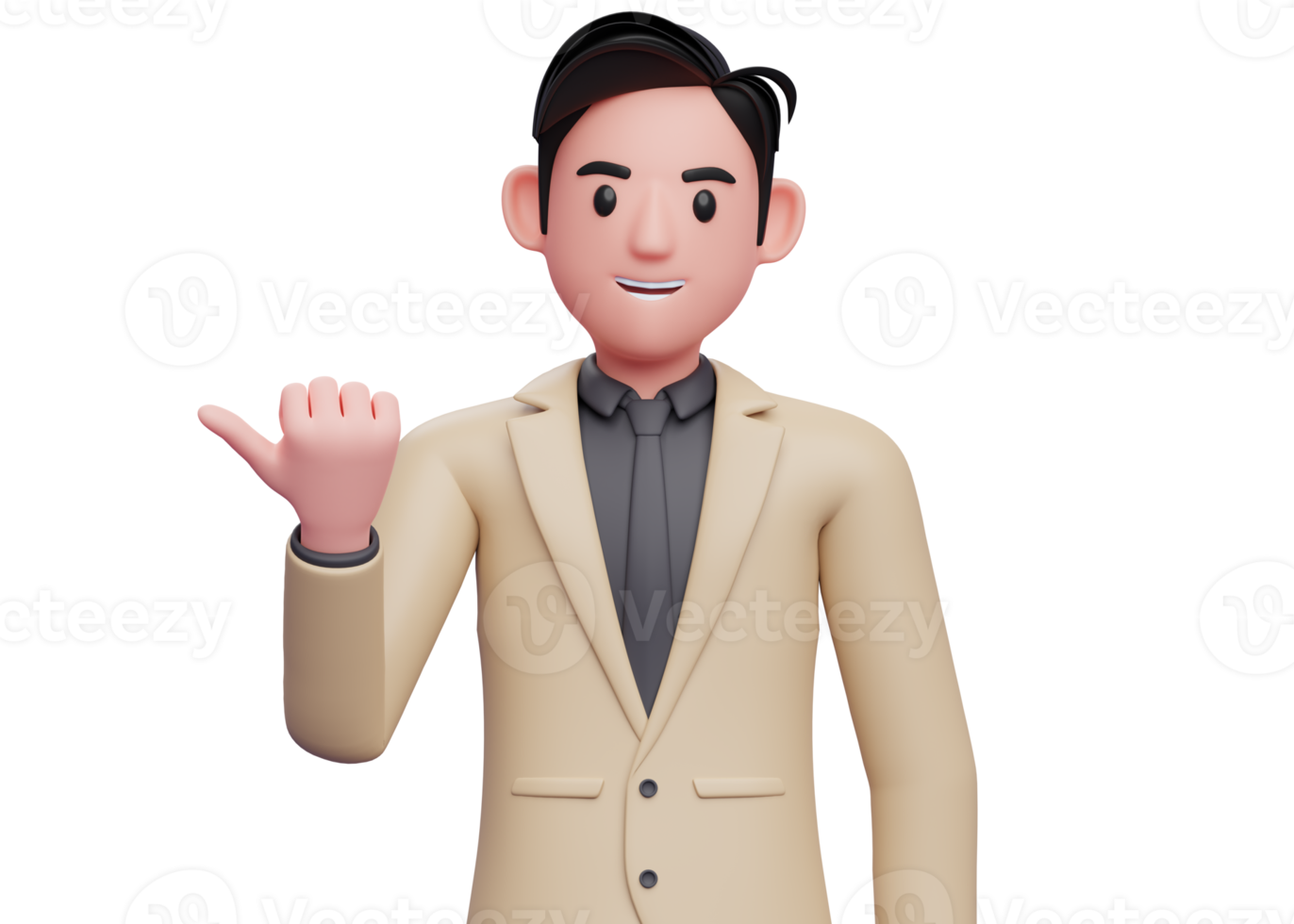 businessman in brown suit black tie pointing with thumb aside looking at the camera, 3D illustration of businessman pointing with thumb png