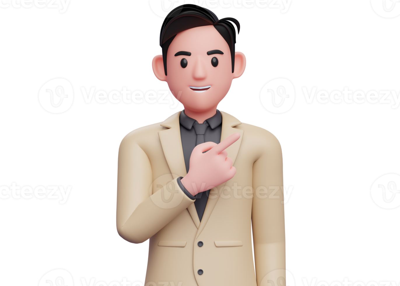Close up of smart businessman in brown suit pointing to the top right, 3d illustration of businessman in brown suit pointing png