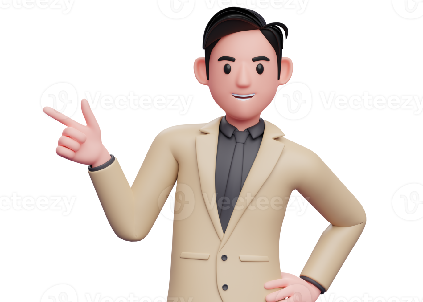 businessman in brown suit pointing gun finger to the left, 3d illustration of a businessman in brown suit pointing with finger gun png