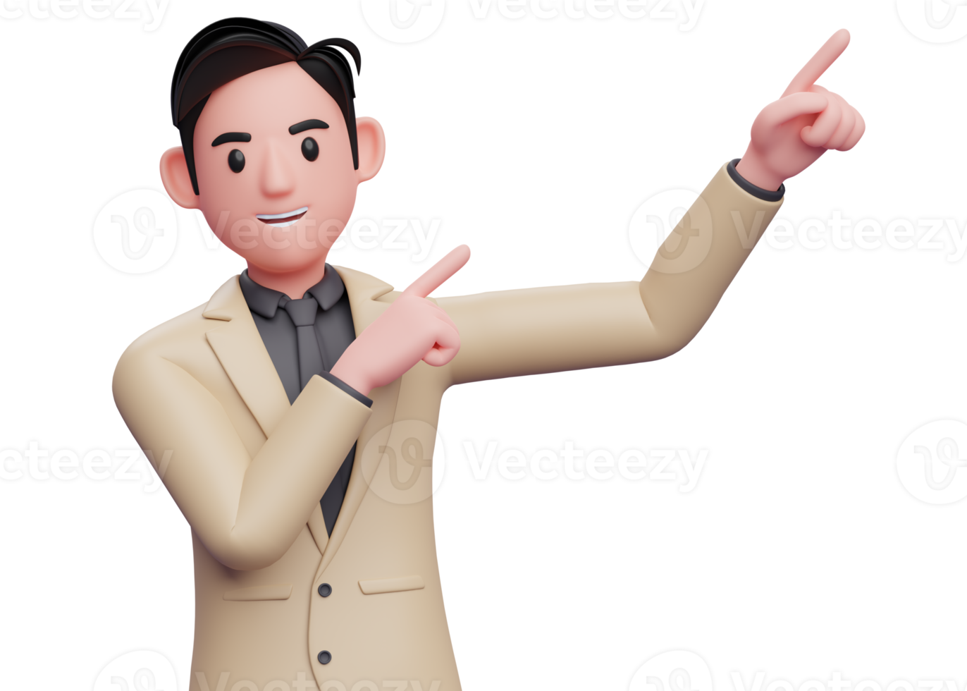 businessman in brown suit raising both hands pointing to the top right corner, 3d illustration of a businessman pointing to the top right corner with both finger png