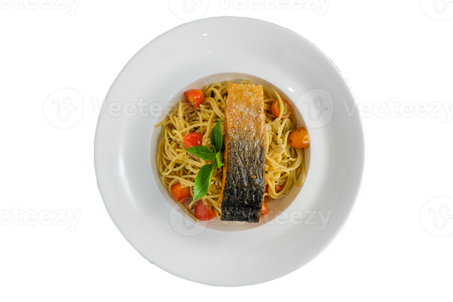 espaguetis de ajo con salmón a la parrilla en un plato blanco. png