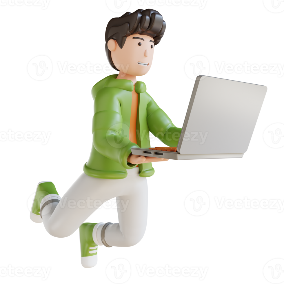 3D illustration business man flying holding laptop png
