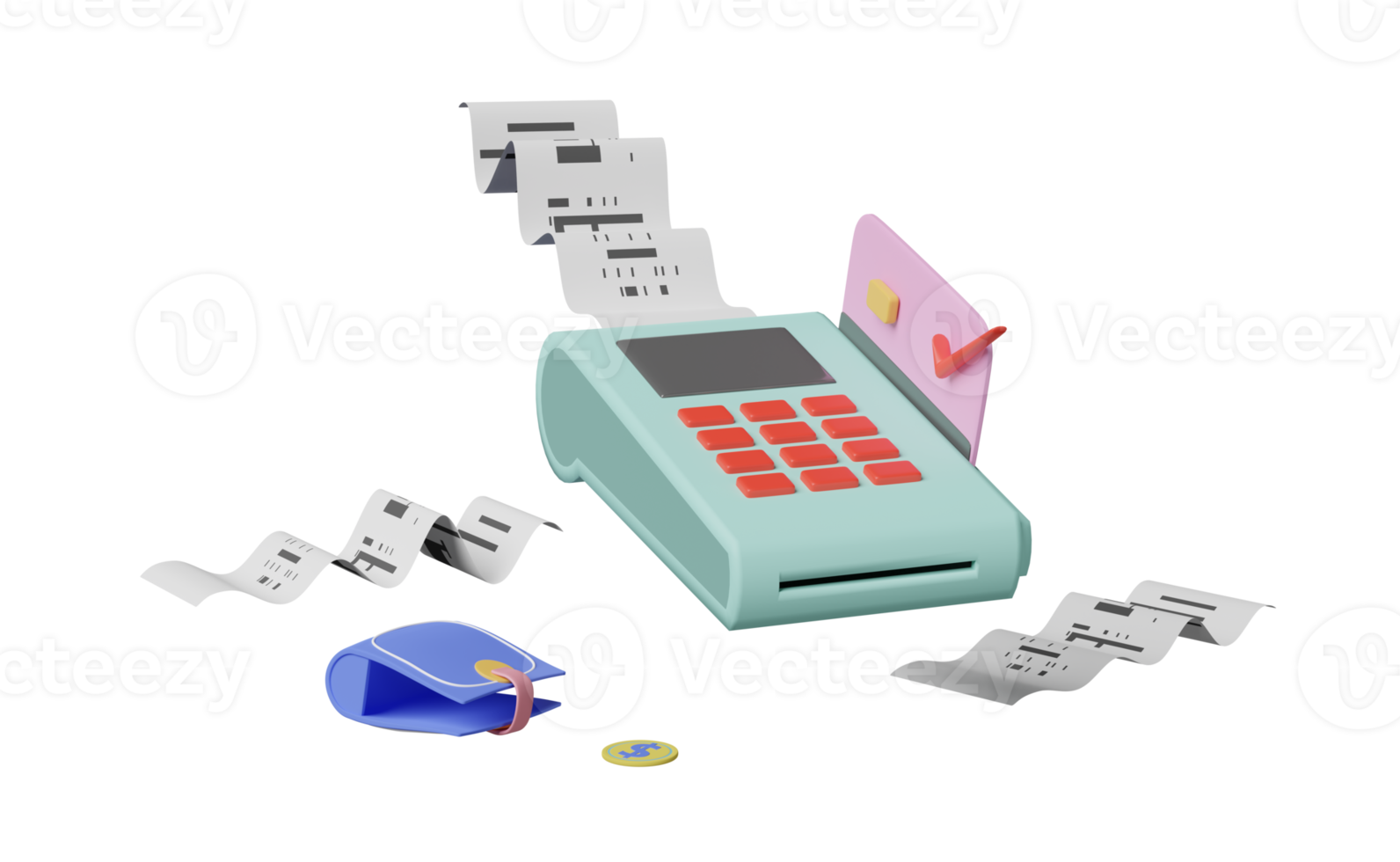 zahlungsautomat oder pos-terminal, elektronische rechnungszahlung und kreditkarte mit rechnungs- oder papierscheckbeleg, brieftasche, münze isoliert. 3D-Darstellung oder 3D-Rendering png