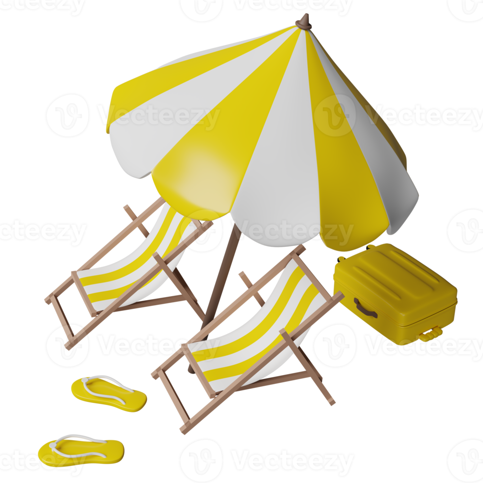 summer travel with yellow suitcase, beach chair, umbrella, cloud, sandals isolated. concept 3d illustration or 3d render png