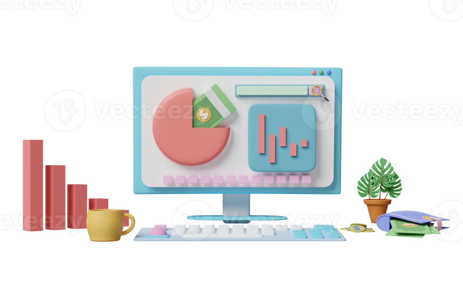 3D-Computer mit Diagrammen und Grafiken, Analyse von Geschäftsfinanzdaten, Dollarmünzen, Online-Marketing isoliert. 3D-Darstellung png