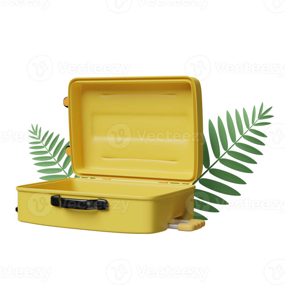 yellow open suitcase empty with palm leaf isolated. summer travel concept, 3d illustration or 3d render png