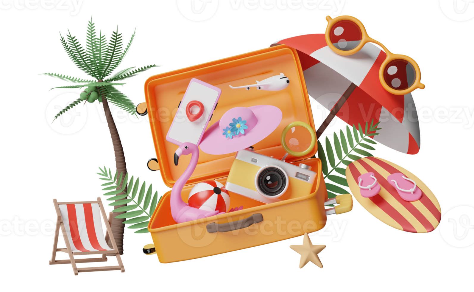 summer travel with orange suitcase, beach chair, sunglasses, camera, surfboard, umbrella, Inflatable flamingo,coconut tree, magnifying isolated. concept 3d illustration, 3d render png