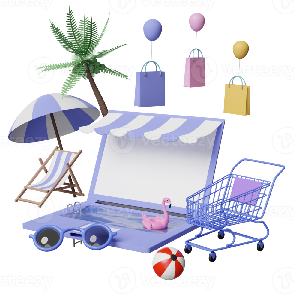 écran d'ordinateur portable avec devanture de magasin, chaise de plage, flamant rose gonflable, feuille de palmier, panier d'achat, sacs en papier, concept de vente d'été en ligne, illustration 3d ou rendu 3d png
