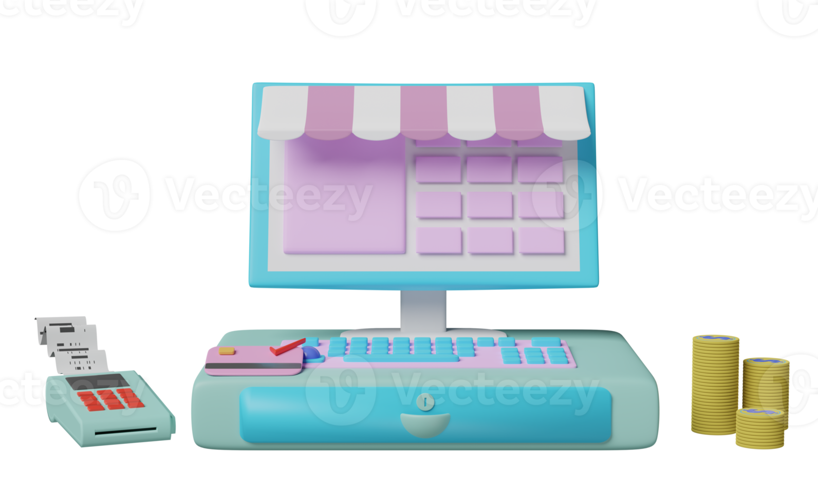 cash register machine with pos terminal, electronic bill payment, invoice or paper check receipt isolated. 3d illustration or 3d render png