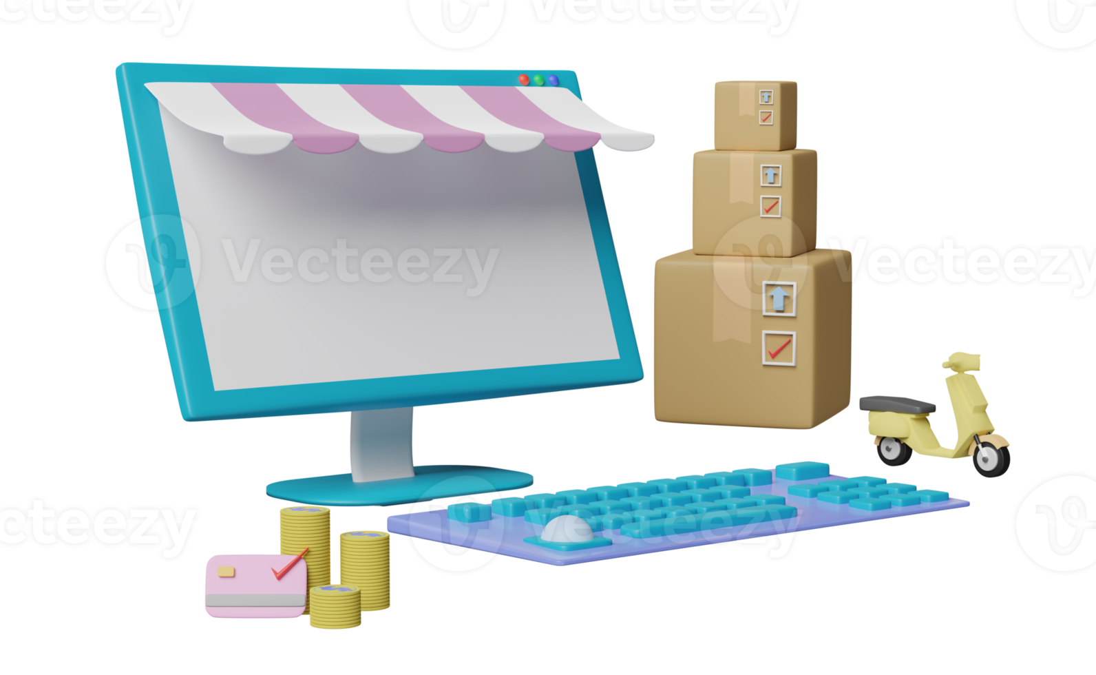 computer monitor with store front, goods box, scooter, credit card isolated. franchise business or fast package shipping delivery concept, 3d illustration or 3d render png