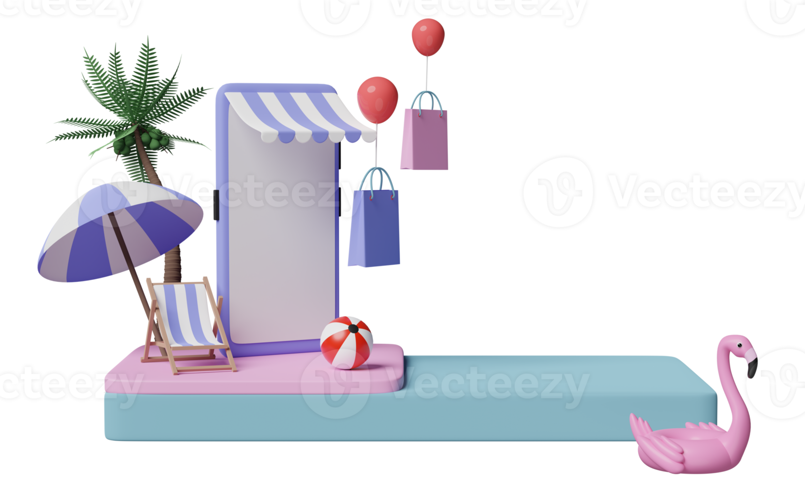3D-Bühnenpodium mit Handy- oder Smartphone-Ladenfront, Strandkorb, aufblasbarer Flamingo, Palmblatt, Einkaufspapiertüten, Online-Shopping-Sommerverkaufskonzept, 3D-Darstellung png