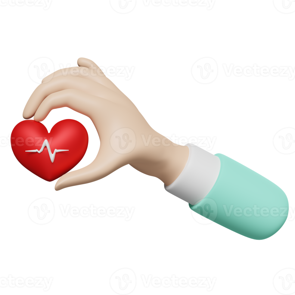 cartoon doctor hands holding red heart and blood pressure heart rate isolated. health love or world heart day concept, 3d illustration or 3d render png