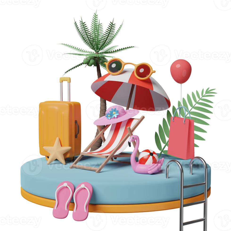 podium de scène avec valise orange, chaise de plage, lunettes de soleil, flamant rose gonflable, sandales, feuille de palmier, sacs à provisions, voyage d'été ou concept de vente d'été en ligne, illustration 3d ou rendu 3d png