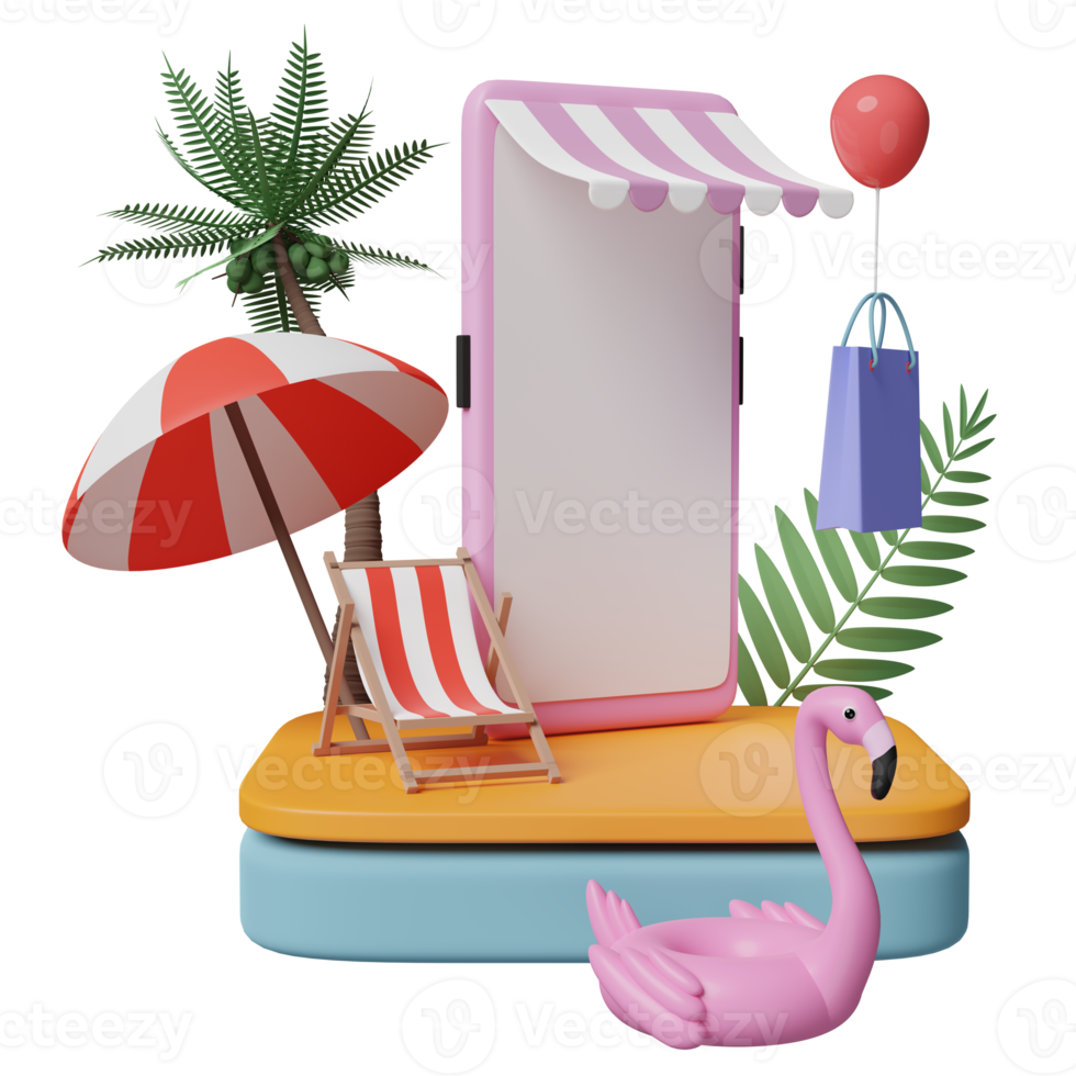 podio de escenario con teléfono móvil o tienda de teléfonos inteligentes, silla de playa, flamenco inflable, hoja de palma, bolsas de papel de compras, concepto de venta de verano de compras en línea, ilustración 3d o presentación 3d png