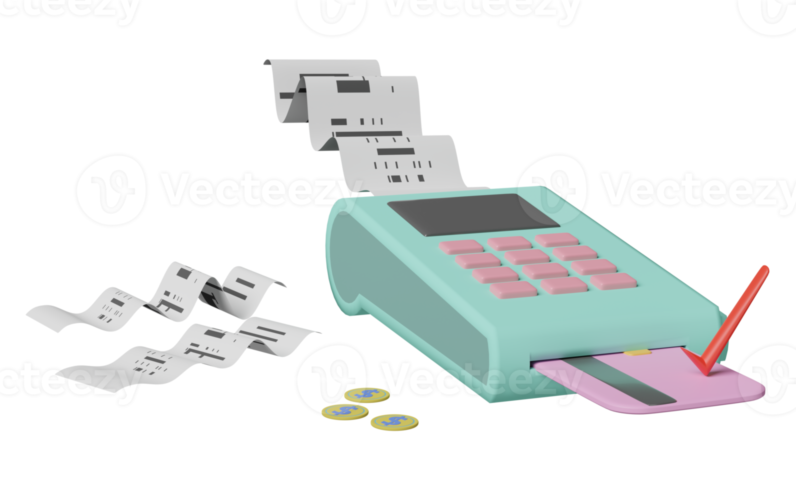 3d payment machine or pos terminal, electronic bill payment and credit card with invoice or paper check receipt, coin isolated. 3d render illustration png