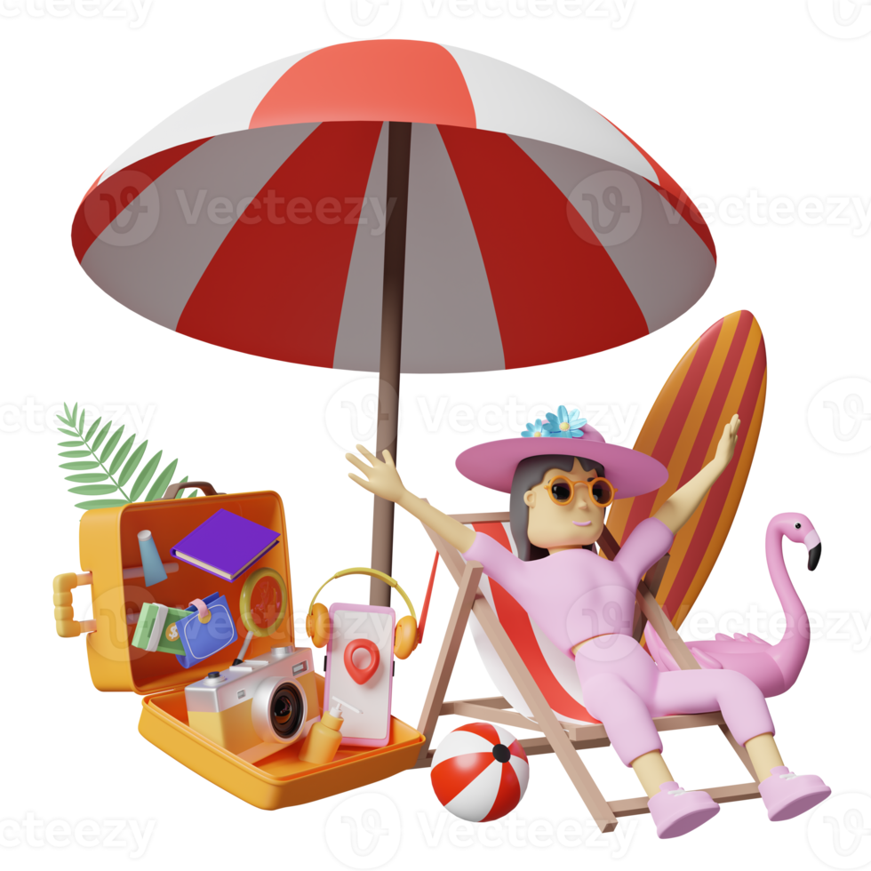 sommerreise mit frau, die auf strandkorb und orangefarbenem koffer, surfbrett, regenschirm, aufblasbarem flamingo, palme, kamera lokalisiert sitzt. konzept 3d-illustration oder 3d-rendering png