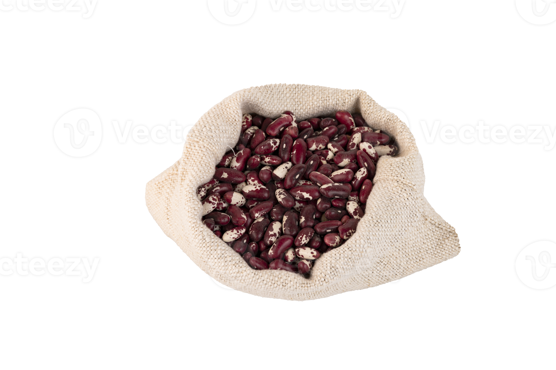 Colored beans, red and white bean seeds in a linen bag, PNG