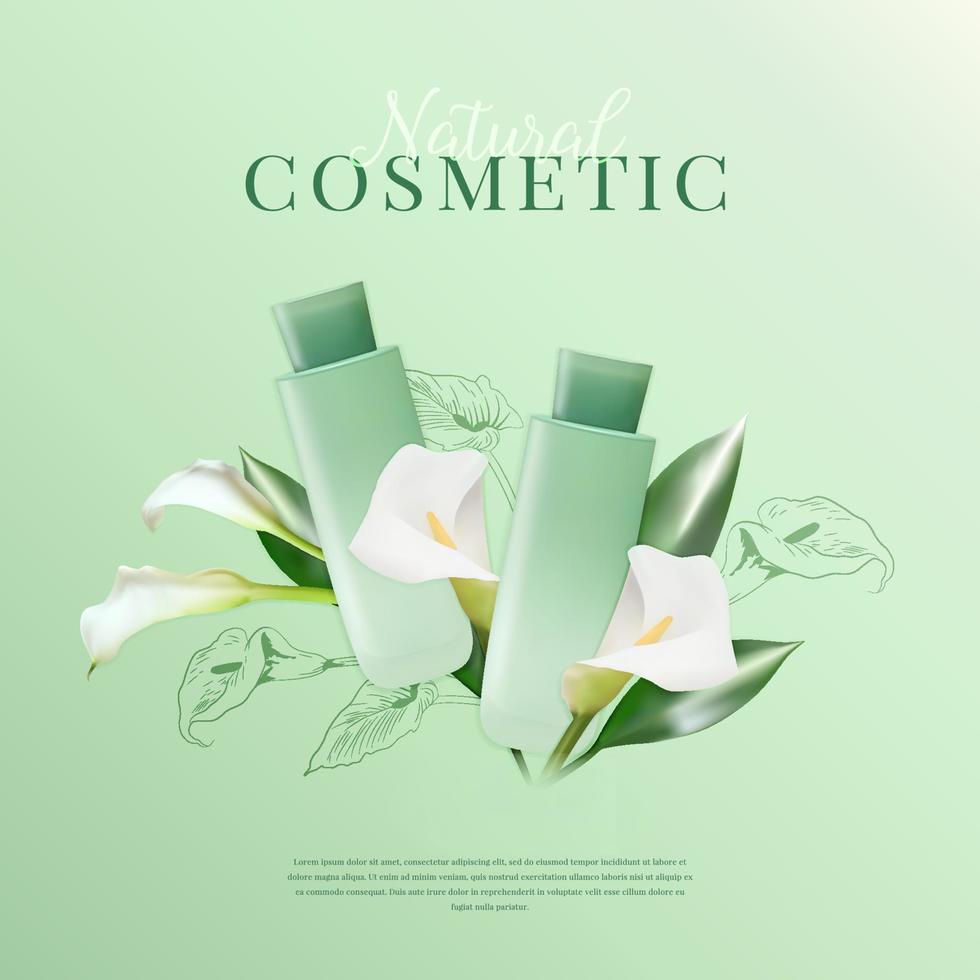 producto cosmético natural y flores de lirio de calla sobre fondo verde vector