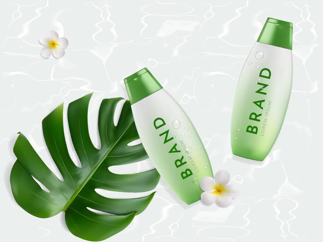 botellas cosméticas con hojas y flores sobre fondo de agua vector