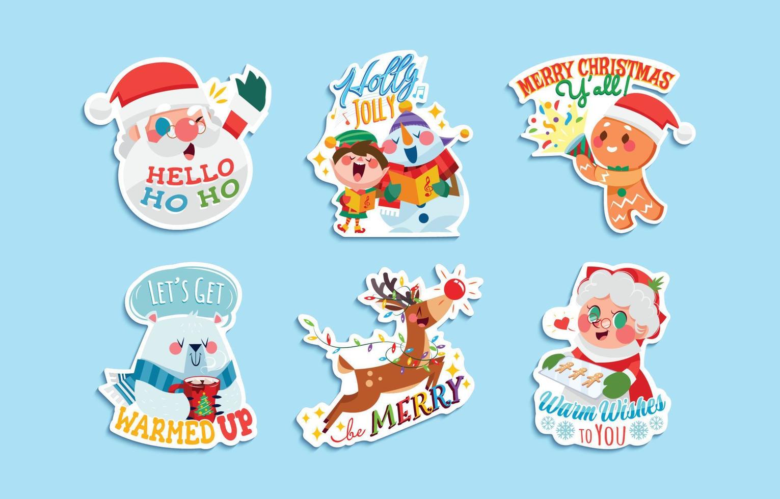 conjunto de pegatinas de saludo de santa claus y sus ayudantes vector