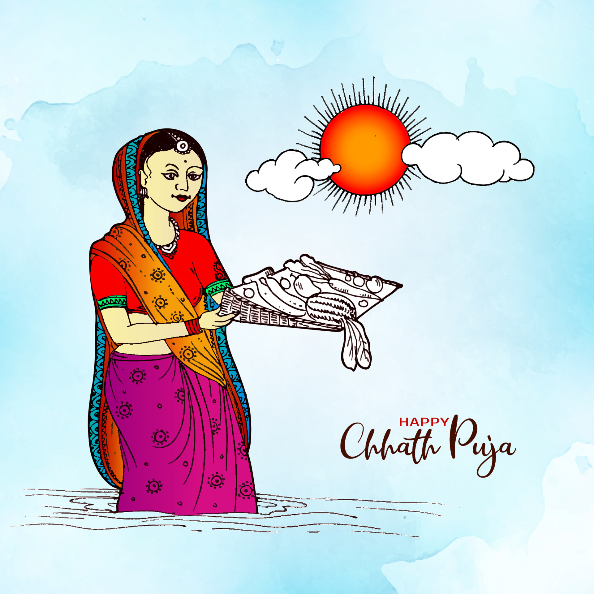 Indian Women For Happy Chhath Puja With Background And Sun Stock  Illustration - Download Image Now - iStock