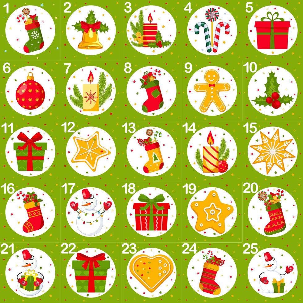 Christmas Advent Calendar. Countdown to Christmas. Cells from 1 to 25. Christmas traditional gifts, candies, cookies, candles, socks. Greeting card, Winter Holiday Decoration. Vector illustration