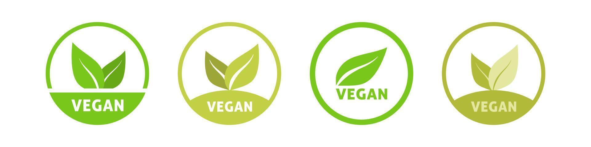 Vegan natural product green icon. Round organic logo with eco leaves. Bio nutrition and lifestyle emblem with clean vector products sign