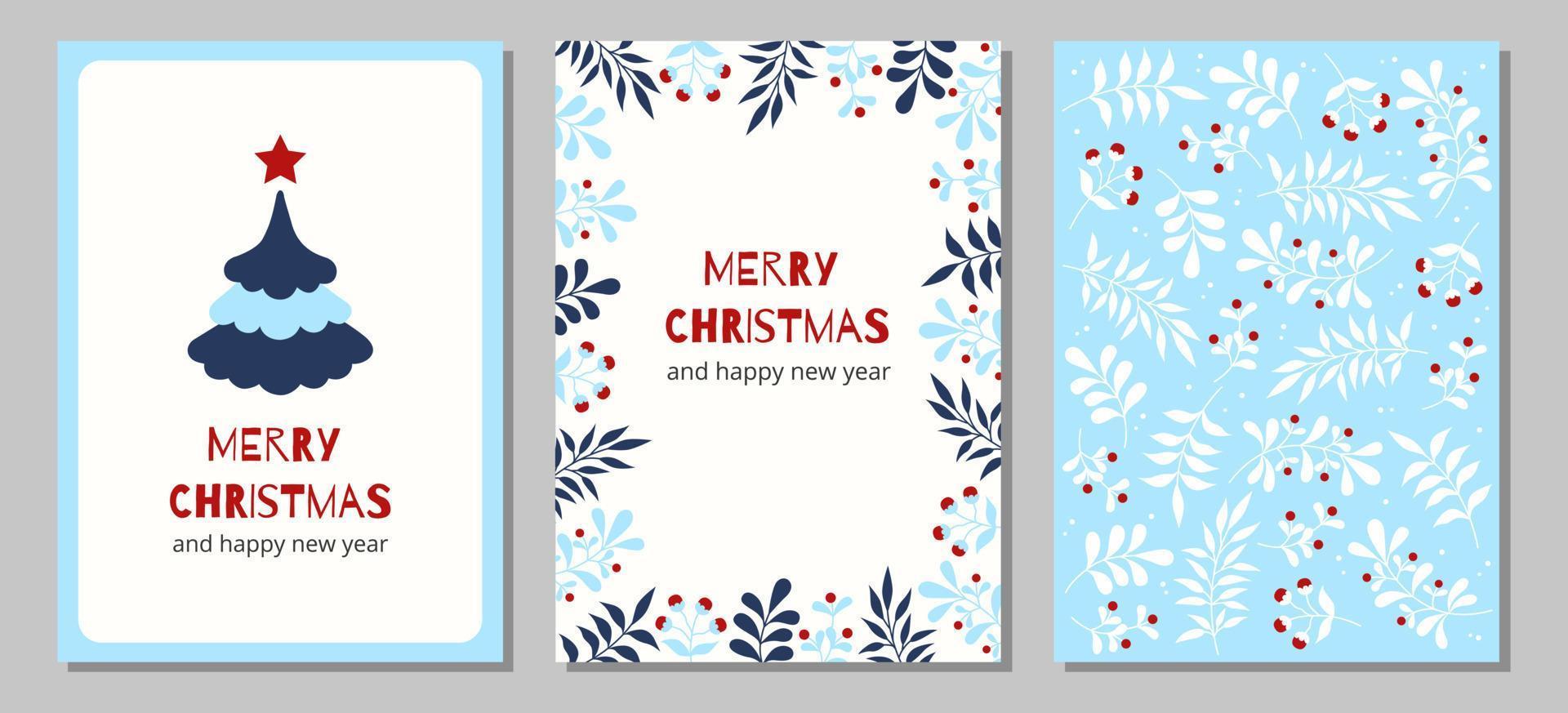 Set of christmas and happy new year greeting cards with Christmas tree, floral frames and backgrounds. vector