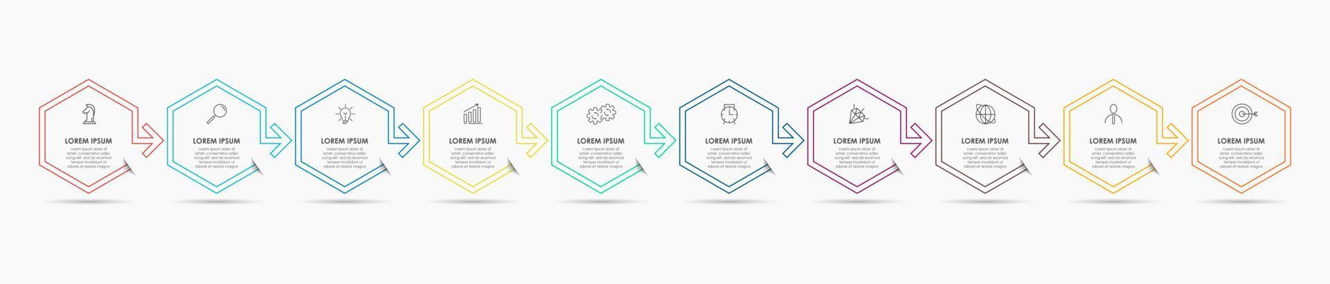 Business Infographic design template Vector with icons and 10 options or steps. Can be used for process diagram, presentations, workflow layout, banner, flow chart, info graph