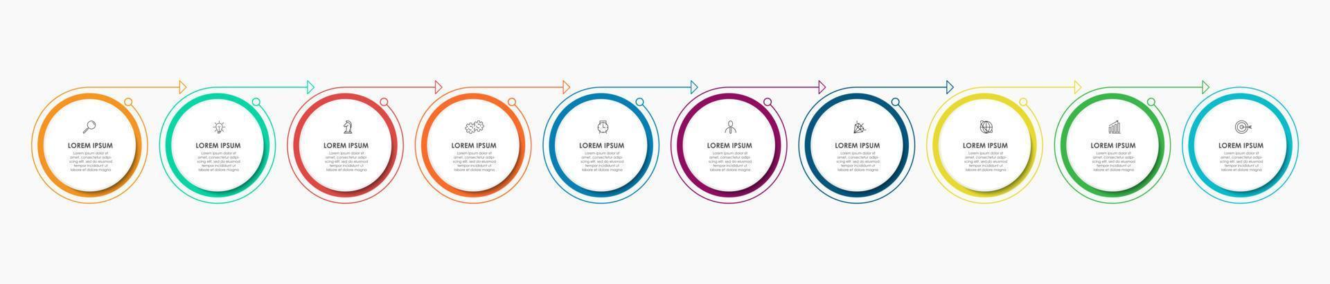 Business Infographic design template Vector with icons and 10 options or steps. Can be used for process diagram, presentations, workflow layout, banner, flow chart, info graph